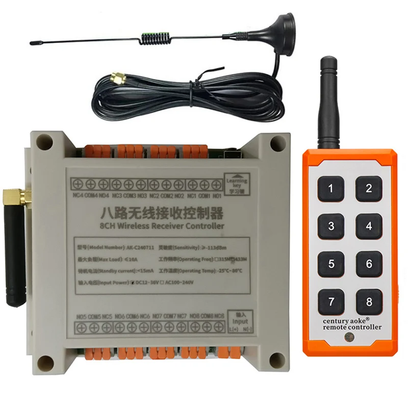 

433 МГц DC 12 В 24 В 36 В 8 каналов 8 каналов RF беспроводная система дистанционного управления приемник передатчик универсальный мощный промышленный 20-1000 м