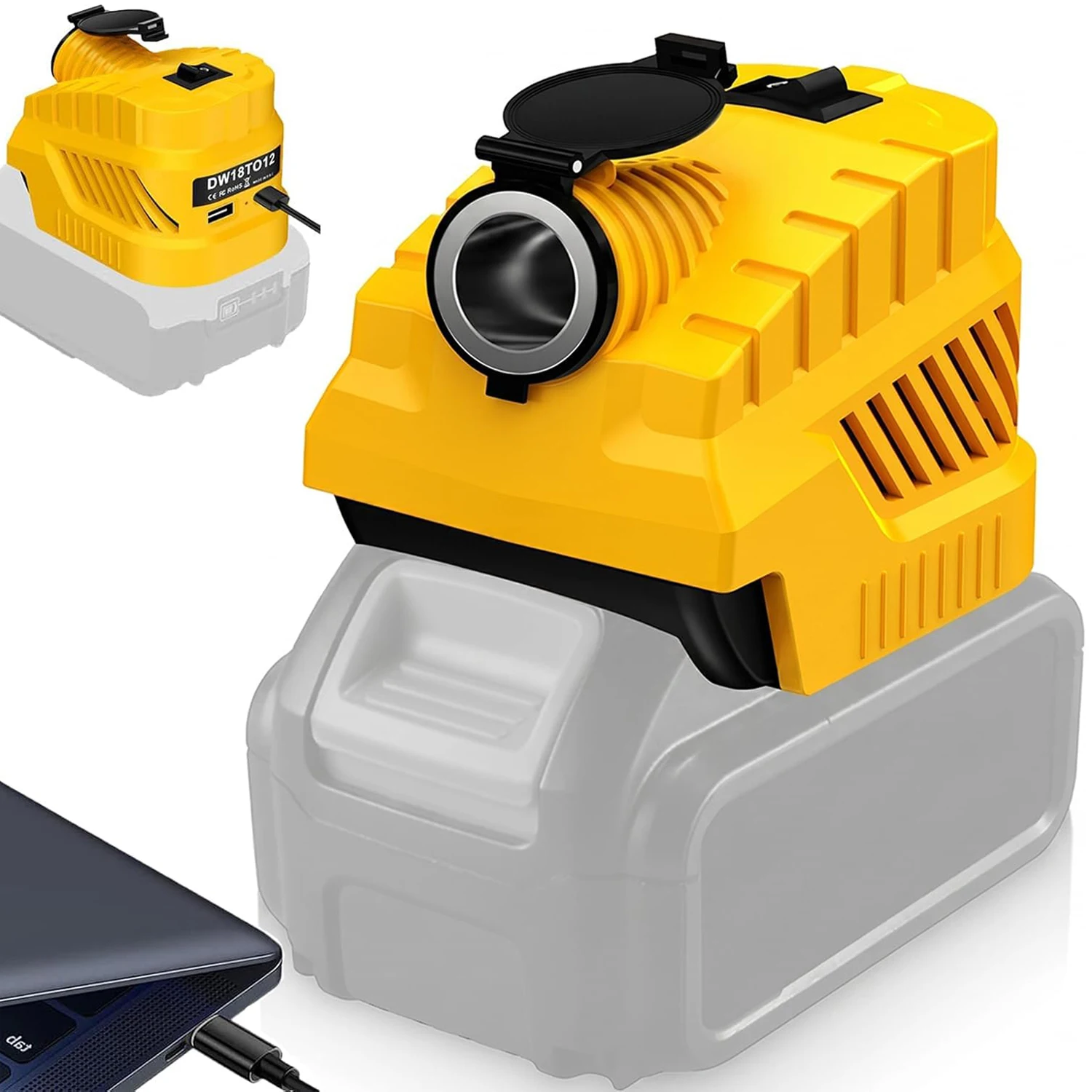 Spannungswandler für Makita/Milwaukee/Dewalt, 20V auf 12V Stromversorgungsadapter, Auto-Zigarettenanzünder mit USB- und Typ-C-Anschluss – Detail 4