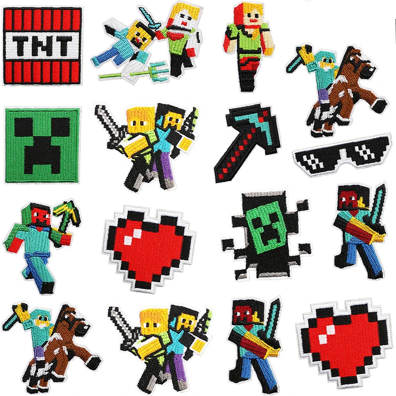 16pcs Minecraft Pixel Patch Anime MC Game Embroidered Patches for Clothing Backpack Stickers Cartoon Kids Diy Badge Decoration