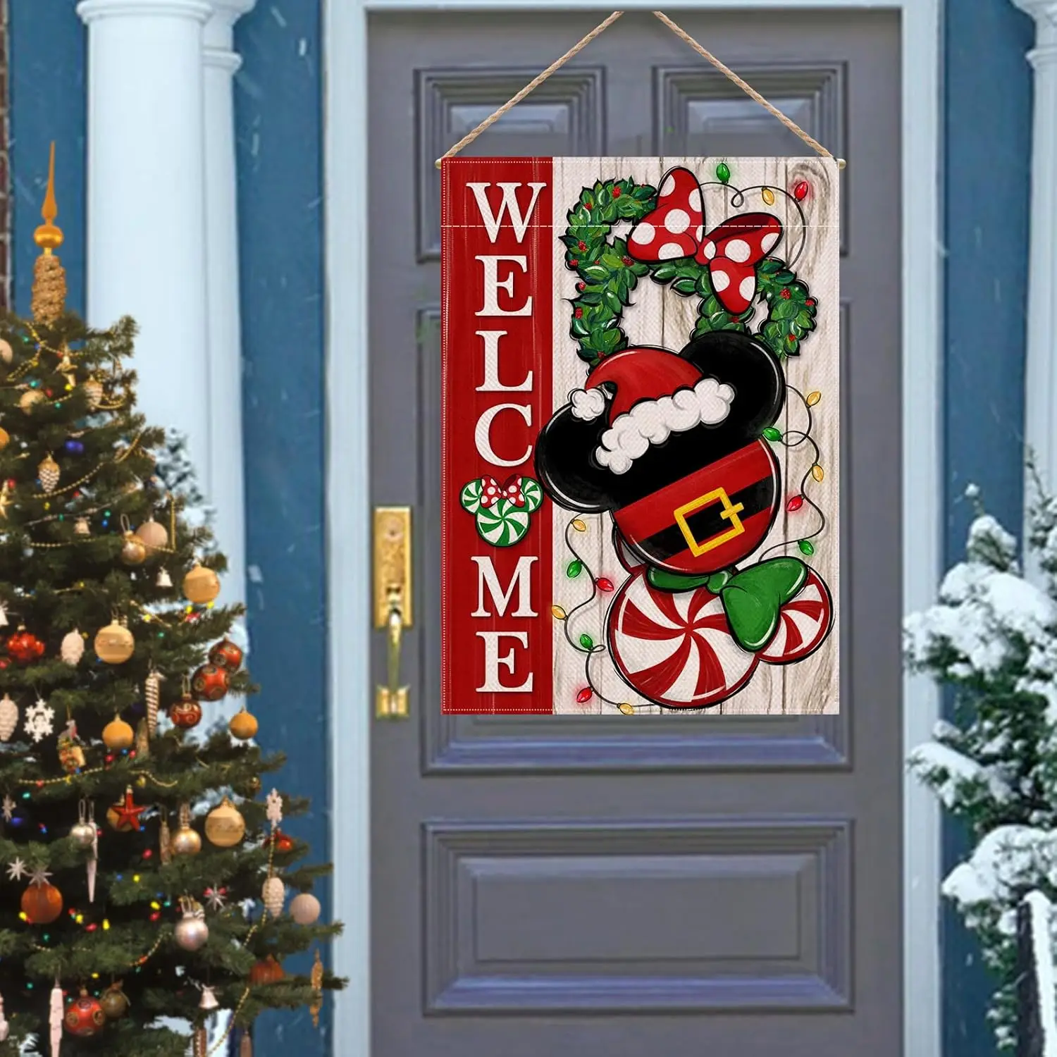 Welcome Christmas Mouse Santa Decorative House Flag, Xmas Peppermint Candy Wreath Ornament Garden Yard Outside Decorations, Wint