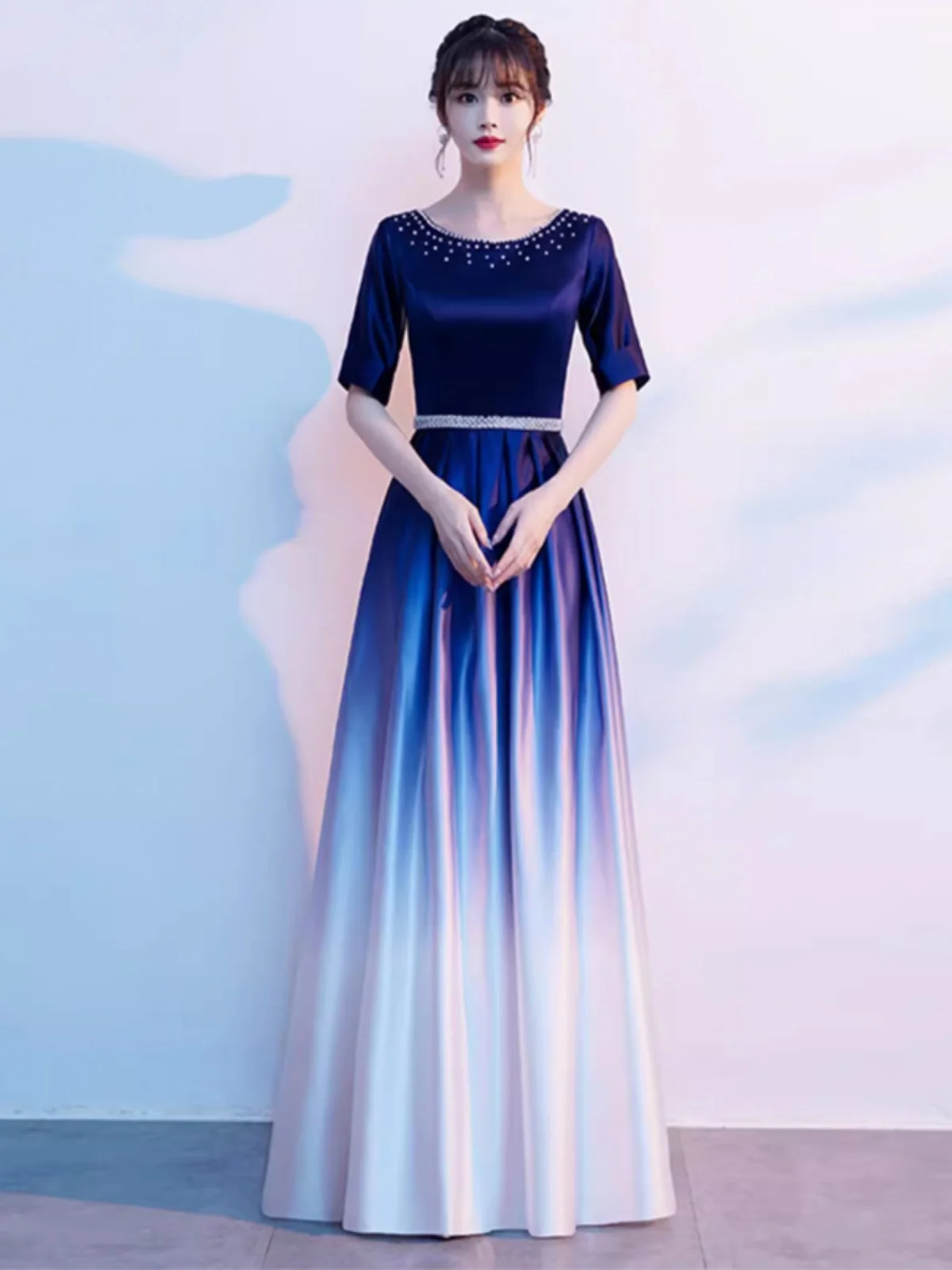 Ele Long Women's Dr adual Color Performance Costume for Chorus Performance Poem Recitation Host Ball Gown