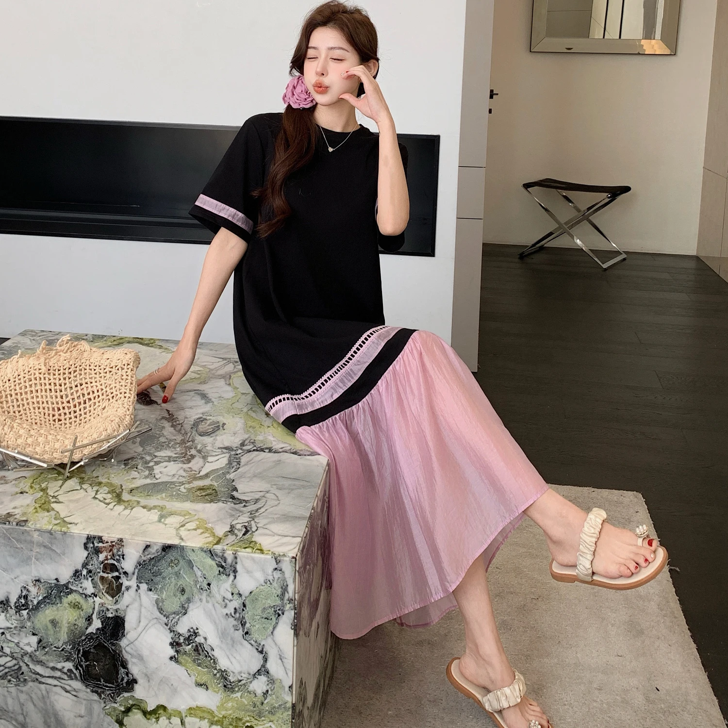 Coréen Sle grande taille Dr femmes été 2025 nouveau faux deux pièces Fi queue épissure minceur ample Midi t-shirt Dr