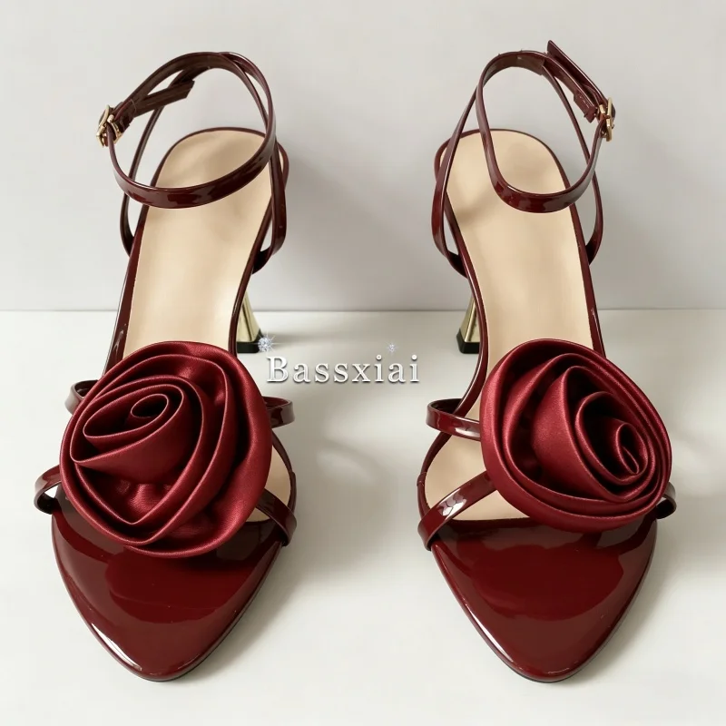 Claret Silk Back Strap Party Sandals Women Pointed Toe High Heels Sexy Stiletto Heel Handmade Rose Flower Summer Shoes