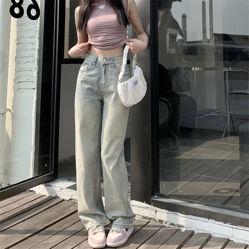 OIQERE Women Blue Fleece Lined Straight Jeans Thick Warm Denim Floor Length Trousers Loose Fit Casual Pants