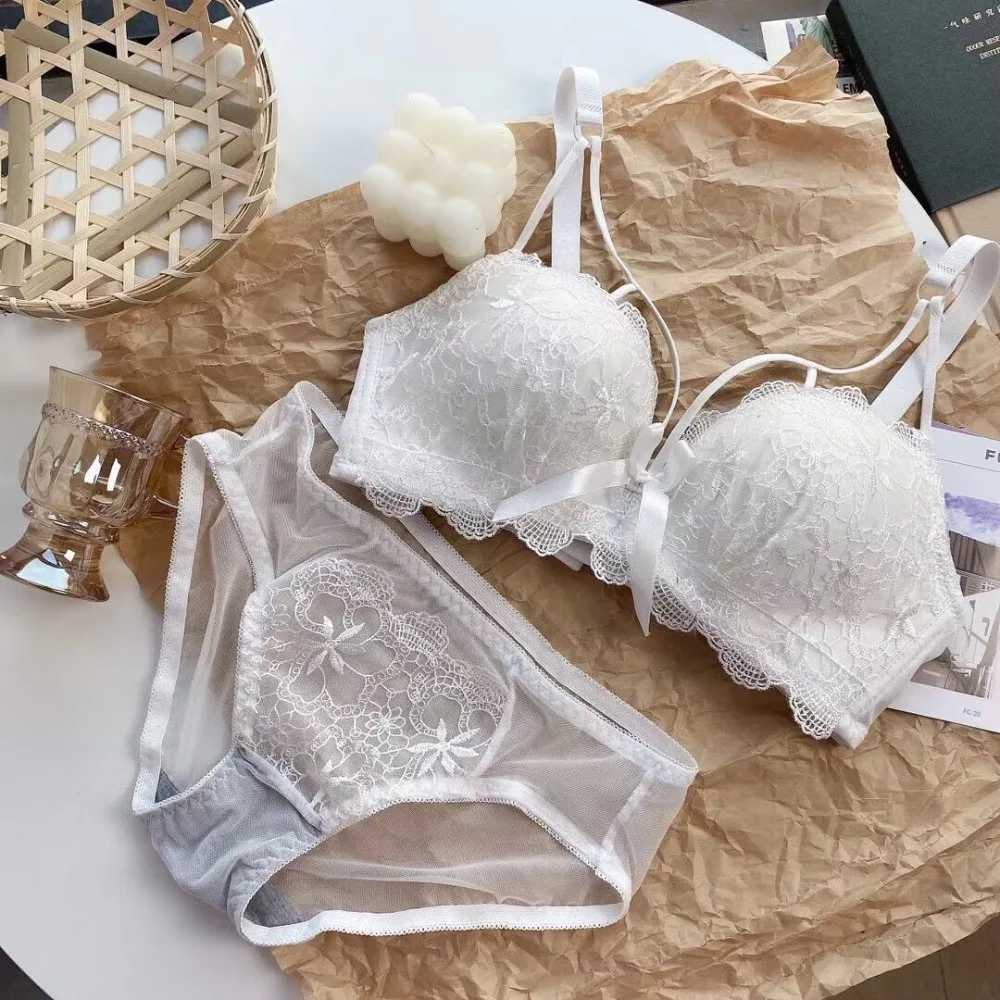 Elegant Embroidery Brassiere Set, Small Bust, Thin Upper Thick Lower Cup, Side Collection Anti Sagging Beautiful Back Underwear