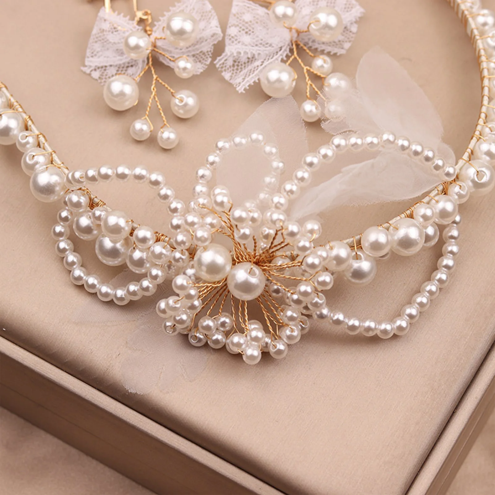 Bridal Headdress Earrings Set Sweet Pearls Hairband Clip Earrings with Silky Bows for Party Outfit Cloth Matching