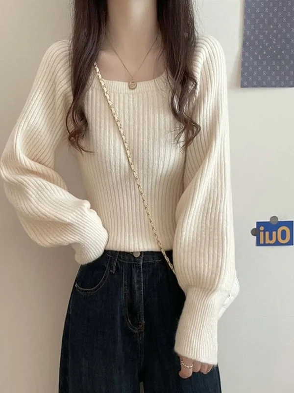 سترة محبوكة بأكمام طويلة على الطراز الكوري، قميص نسائي كطبقة أساسية، ياقة مربعة، ناعم ومريح للارتداء اليومي في الربيع والخريف