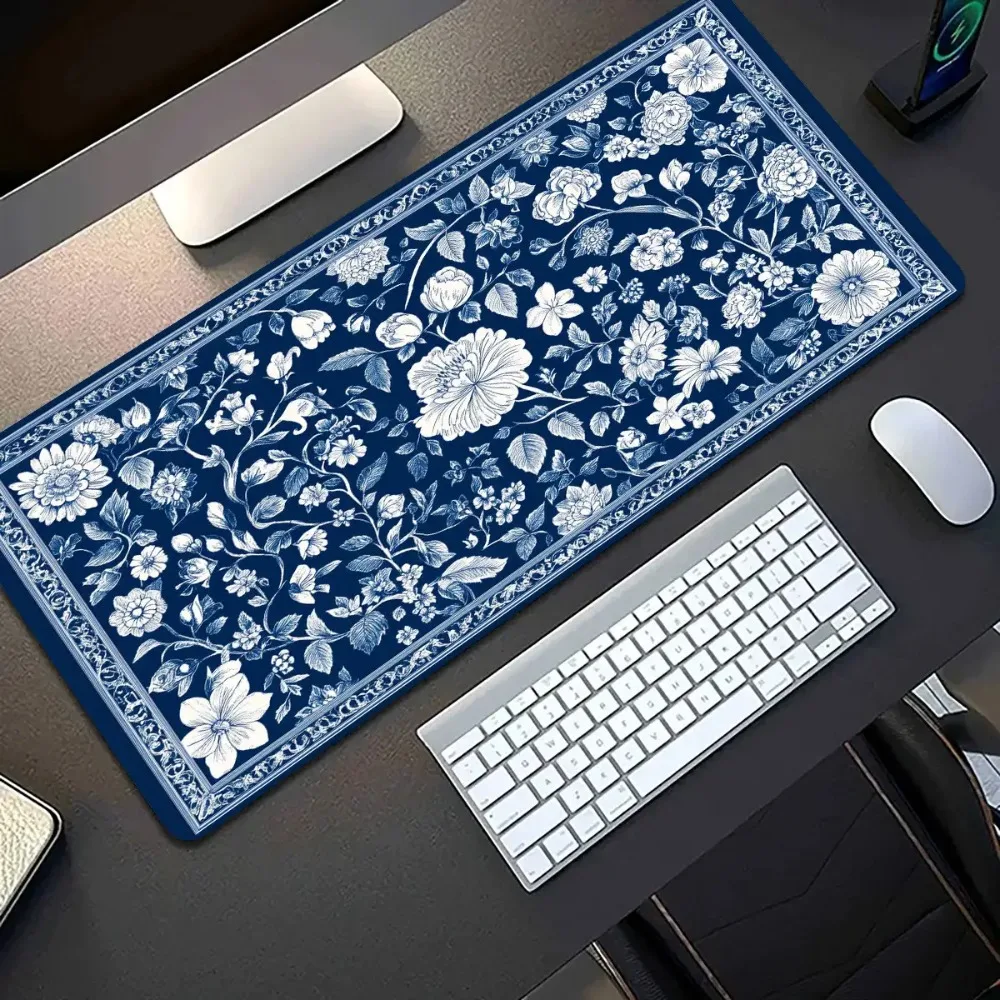 

Ретро большой сине-белый коврик для мыши с цветочным дизайном, резиновый противоскользящий коврик для компьютерного настольного компьютера, толстая клавиатура, аксессуары для ПК, кромка блокировки
