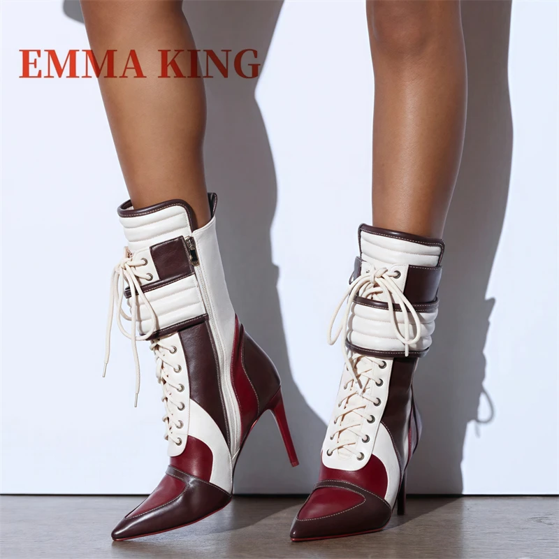 رياضي مدبب تو المرقعة منتصف العجل الأحذية كعب ستيليتو الدانتيل متابعة أحذية الموضة اللون منعت تصميم مأدبة الحفلات الأحذية النسائية #1