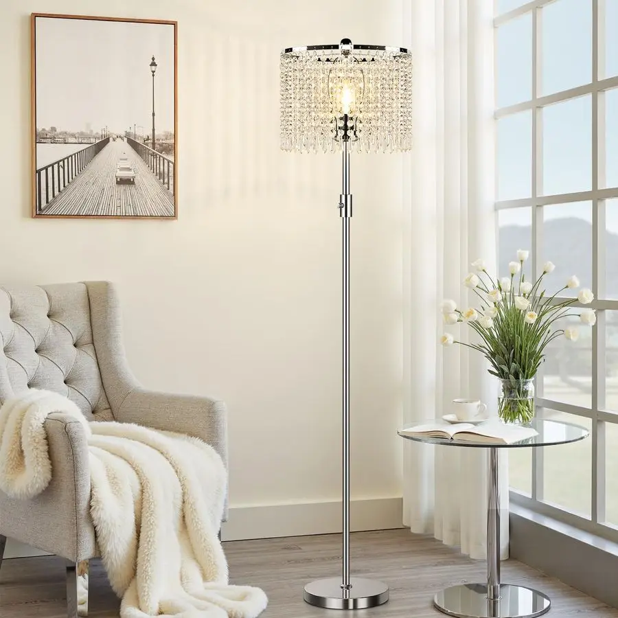Dimmable Crystal Floor Lamps for Living Room, 1000LM LED Bulb Included, Standing Lamp with Knob Switch, Tall Silver Pole Light f