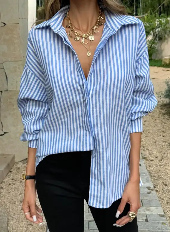 Spring\summer Classic Fashionable Temperament Elegant Commuting Style Blue and White Striped Printed Lapel Women's Shirt