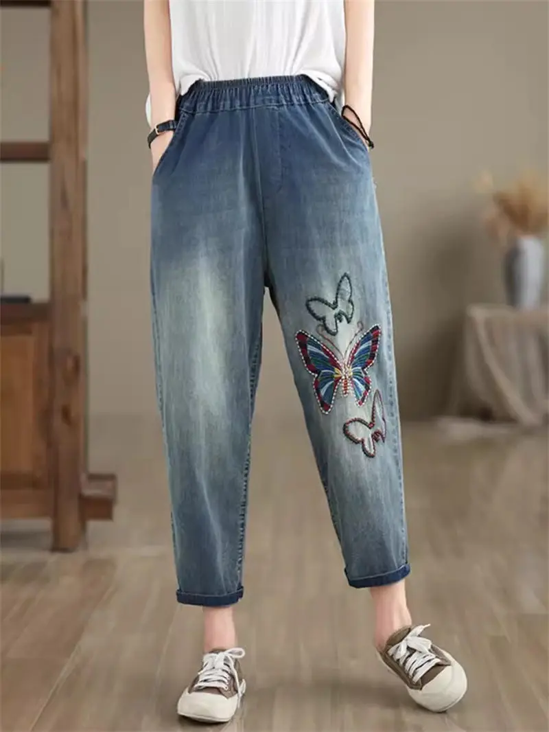 2024 Summer New Korean Edition Large Size Denim Harem Pants Embroidered Retro Women's Jeans K1439