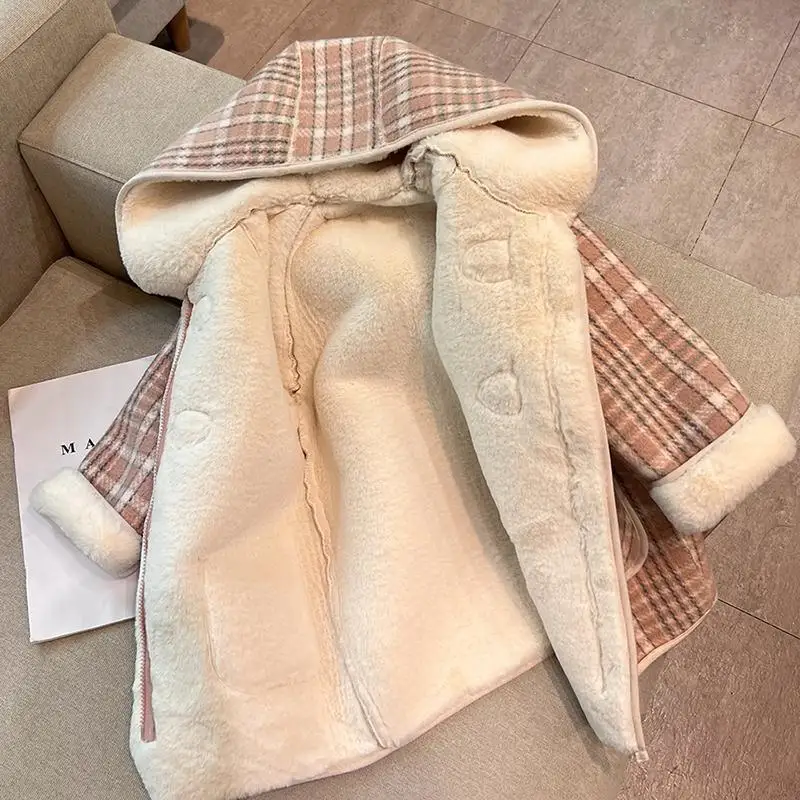 1-6Years Children Girls Plaid Woolen Coat Autumn Winter Fleece Linning Warm Hooded Coats Korean Style Baby Girls Outerwear