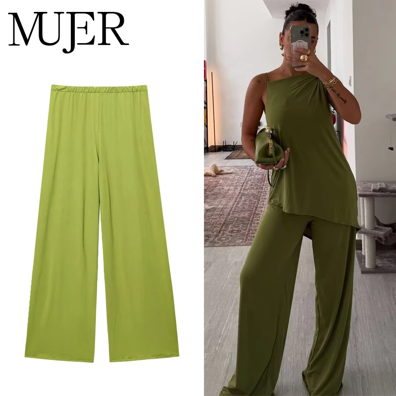 MUJER أطقم سراويل نسائية مطوي بنطال ذو قصة أرجل واسعة للنساء عادية عالية الخصر السراويل النساء السراويل الصيفية الفضفاضة امرأة 2025 بنطلون