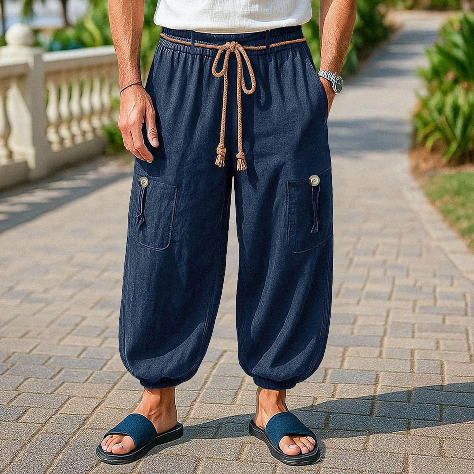 

Men's Casual Lace Up Lantern Pants Solid Color Multi-pockets Wide Leg Harem Pants with Belt