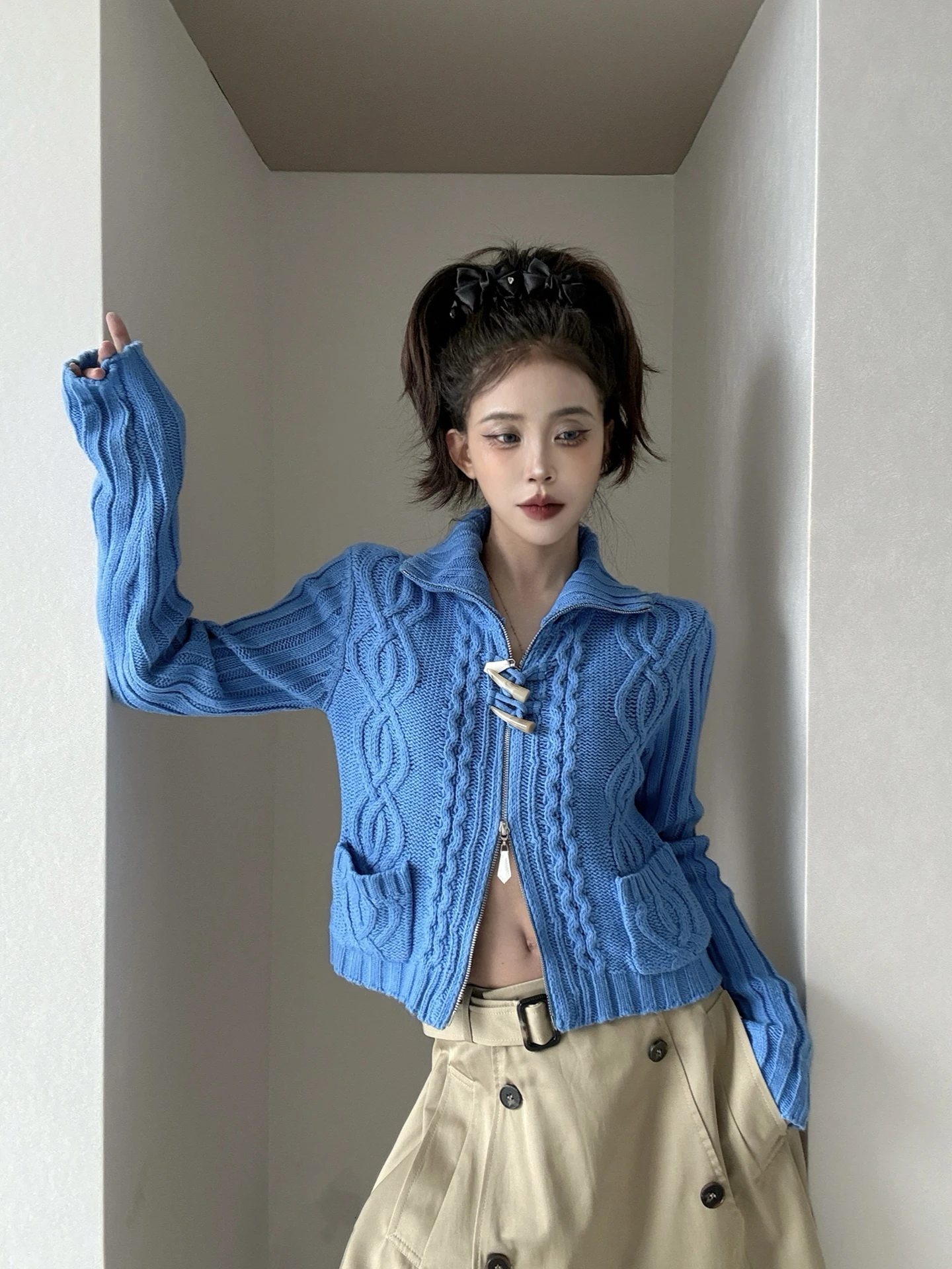 Korean Style Knitted Sweater Women's Soft Cozy Button Design Autumn Winter Outerwear Slimming Top Cotton Village Brand
