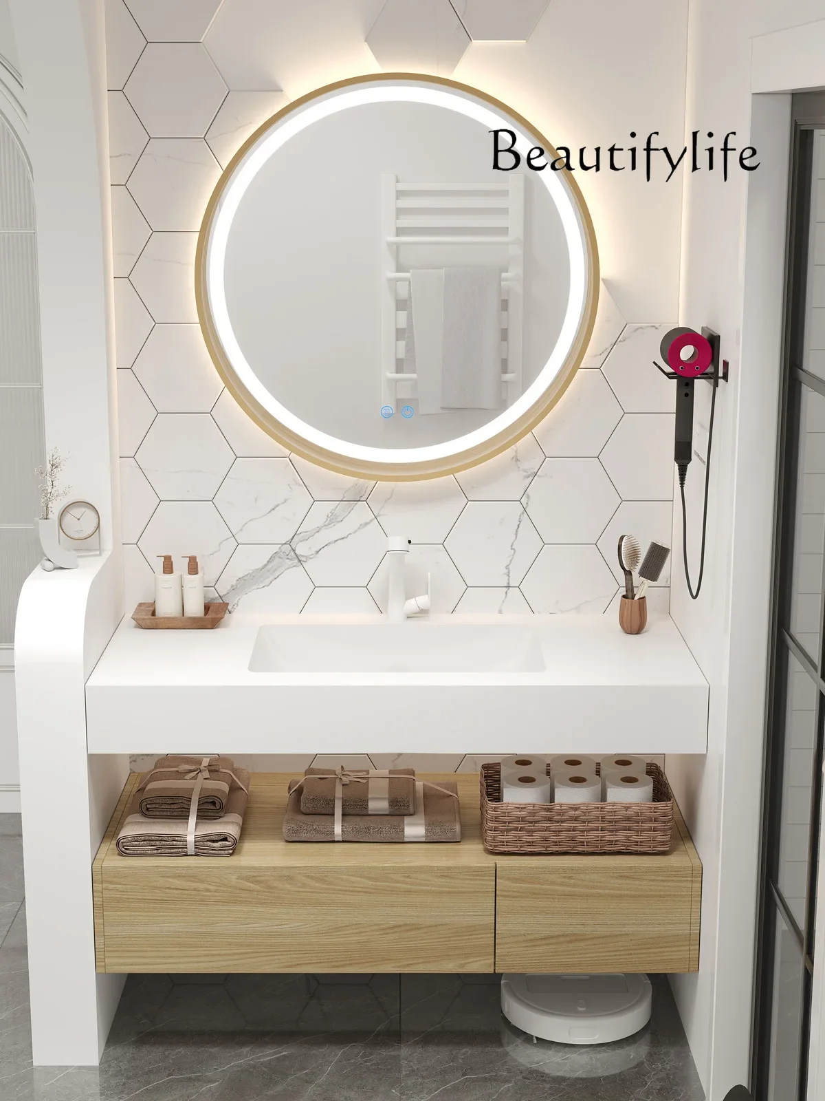 NEW Slate ceramics seamless integrated basin bathroom cabinet combination smart mirror bathroom washstand wall hanging