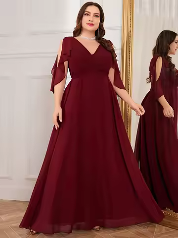 UNITHORSE Plus Size Floral Lace Sleeve Backless Butterfly Knot Tied Silk Chiffon Dress Women's Elegant Evening Gown