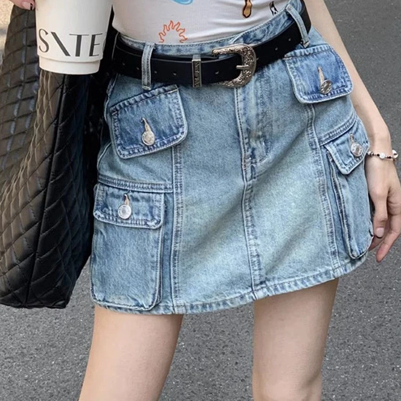 

Workwear bag hip denim skirt 2024 summer new retro high waisted short A-line looks slim spicy girl skirt clothes