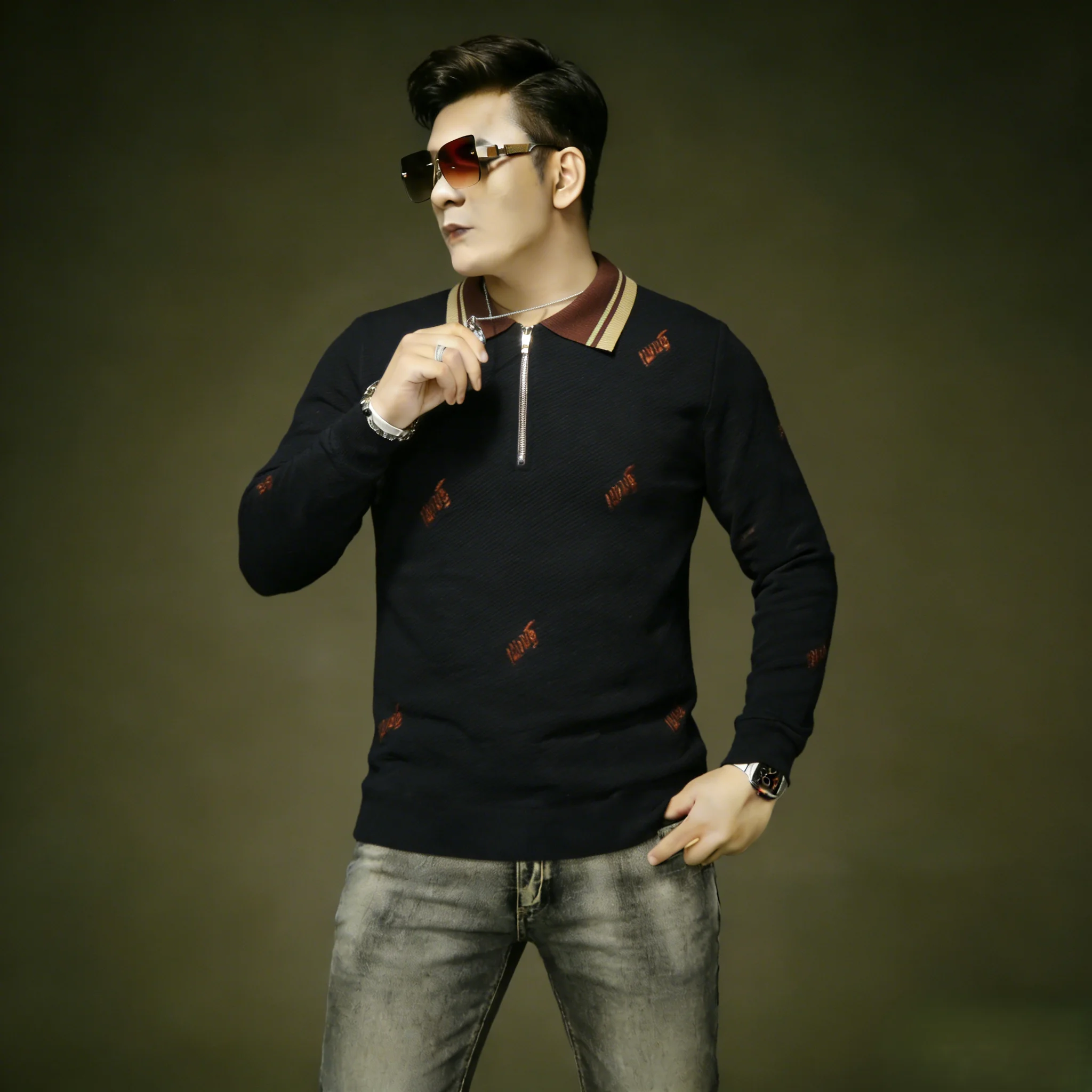 

Мужская толстовка Ele с вышивкой, приталенная, с длинным рукавом, на молнии, черная, повседневная, удобная, дышащая, из смесового хлопка