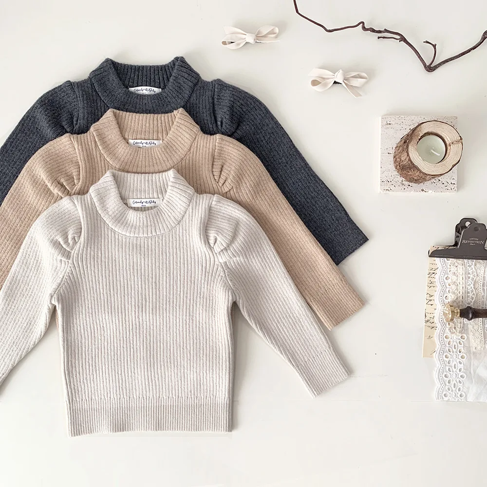 

Jenny&Dave Autumn and Winter Baby Girls' High Neck Pit Stripe Bottom Woolen sweater Children's Bubble Shoulder High Elastic Meri