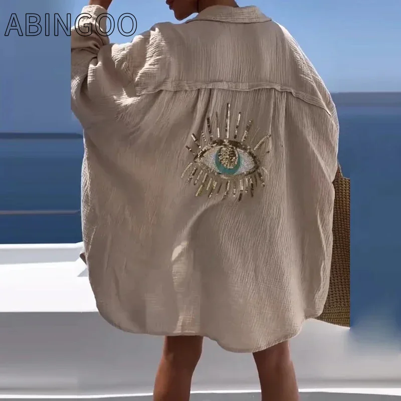 ABINGOO-Chemise de plage décontractée à paillettes pour femmes, haut blanc, protection solaire, en coton et lin, à la mode