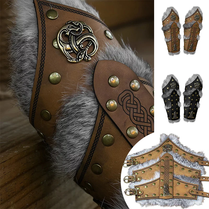 

1 Pair Medieval PU Leather Armor Arm Warmers Fur Trim Punk Bracer Gauntlets Knight Arm Gloves Halloween Warrior Knight Props