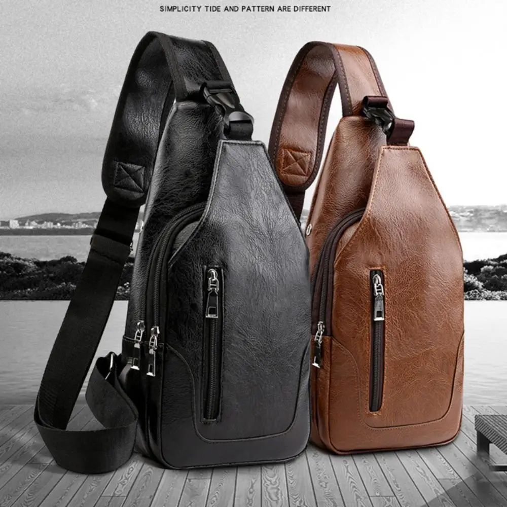 

PU Leather Men's Sling Bag Large Capacity Adjustable Strap Chest Bag with Headphone Hole Anti-theft with USB Charging Port