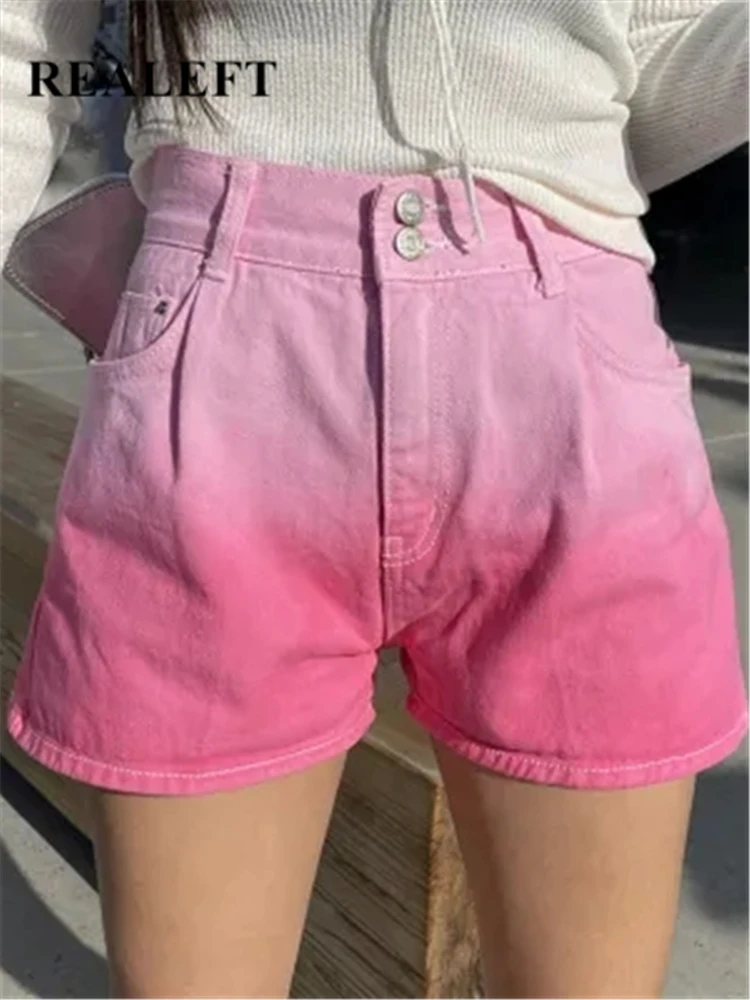 

REALEFT High Waist Gradient Women's Denim Shorts 2023 New Spring Summer Pink Casual Jeans Chic Straight Wide Leg Pants Female