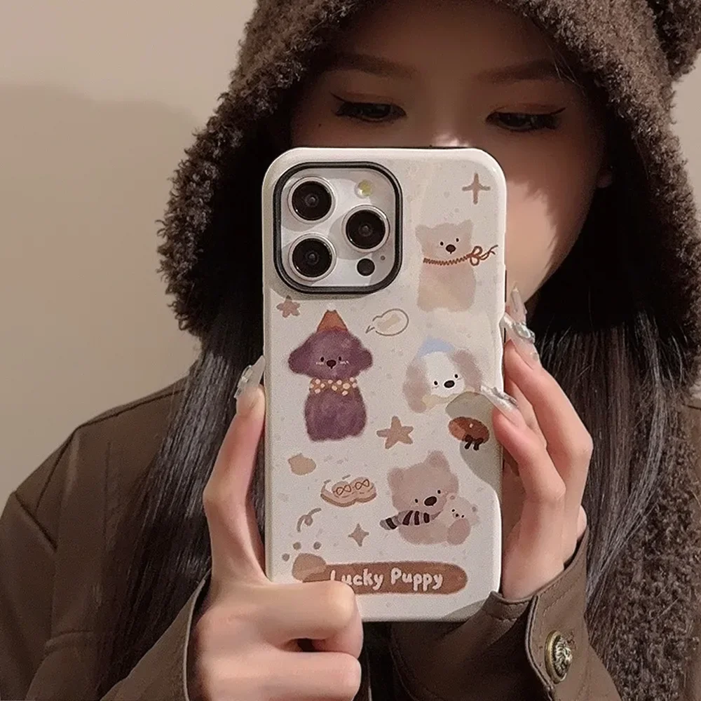 Chocolate party puppy bow bear Oil Painting art Phone Case For iPhone 16 15 14 13 12 11 Pro Max Case Cute luxury Cartoon Cover