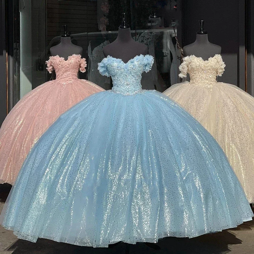 Vestido de quinceañera de princesa champán brillante, sin hombros vestido de baile, flores 3D, encaje de cristal, fiesta Formal de cumpleaños dulce, 15 °