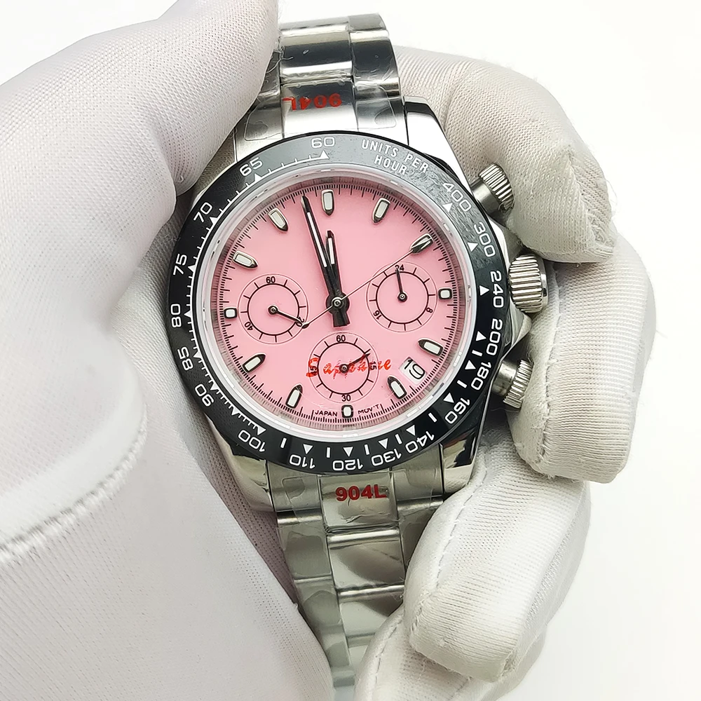 Imagem -05 - Quartzo Cronógrafo Rosa Relógio Masculino Usa Vk63 Movimento Safira Cristal Panda Cronógrafo Relógio o 40 mm