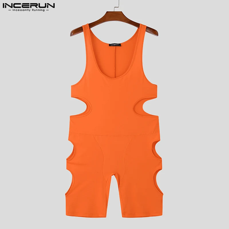 INCERUN 2024, ropa de descanso de estilo americano para hombre, mono ajustado con agujeros laterales, mono Sexy liso con cuello en U sin mangas, S-5XL