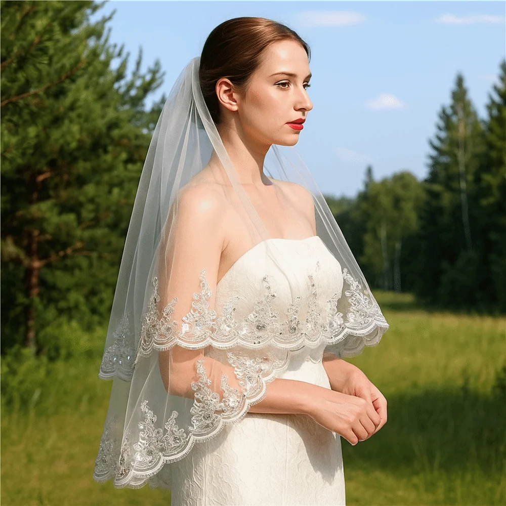 

Элегантная роскошная свадебная фата для невесты с блестками и расческой для волос, кружевная фата из бисера, фата из тюля с кружевным краем, свадебный день