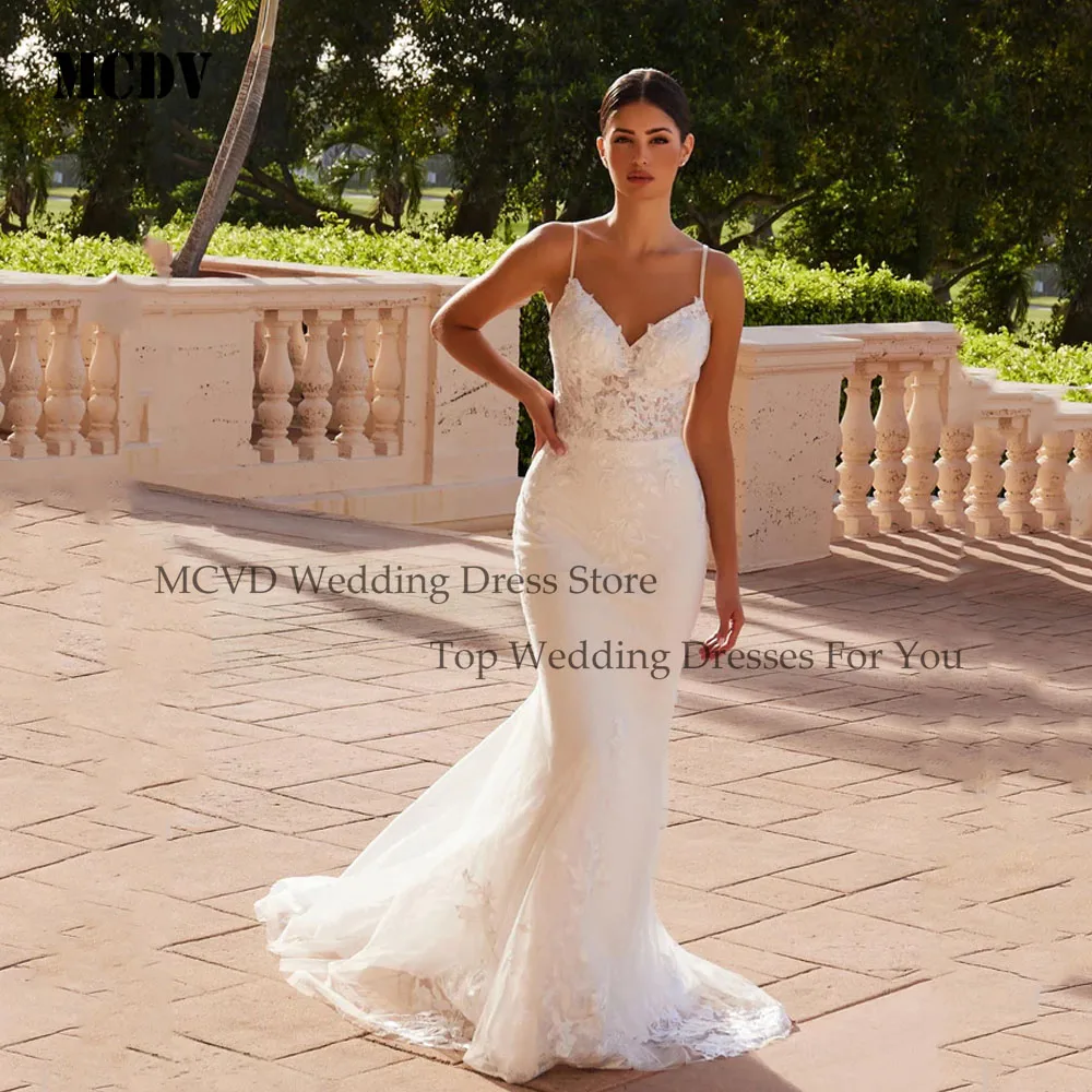 

MCDV Sexy Backless Wedding Dresses Mermaid Spaghetti Straps Applique V-Neck Bride Gowns For Women robe de mariée Customized
