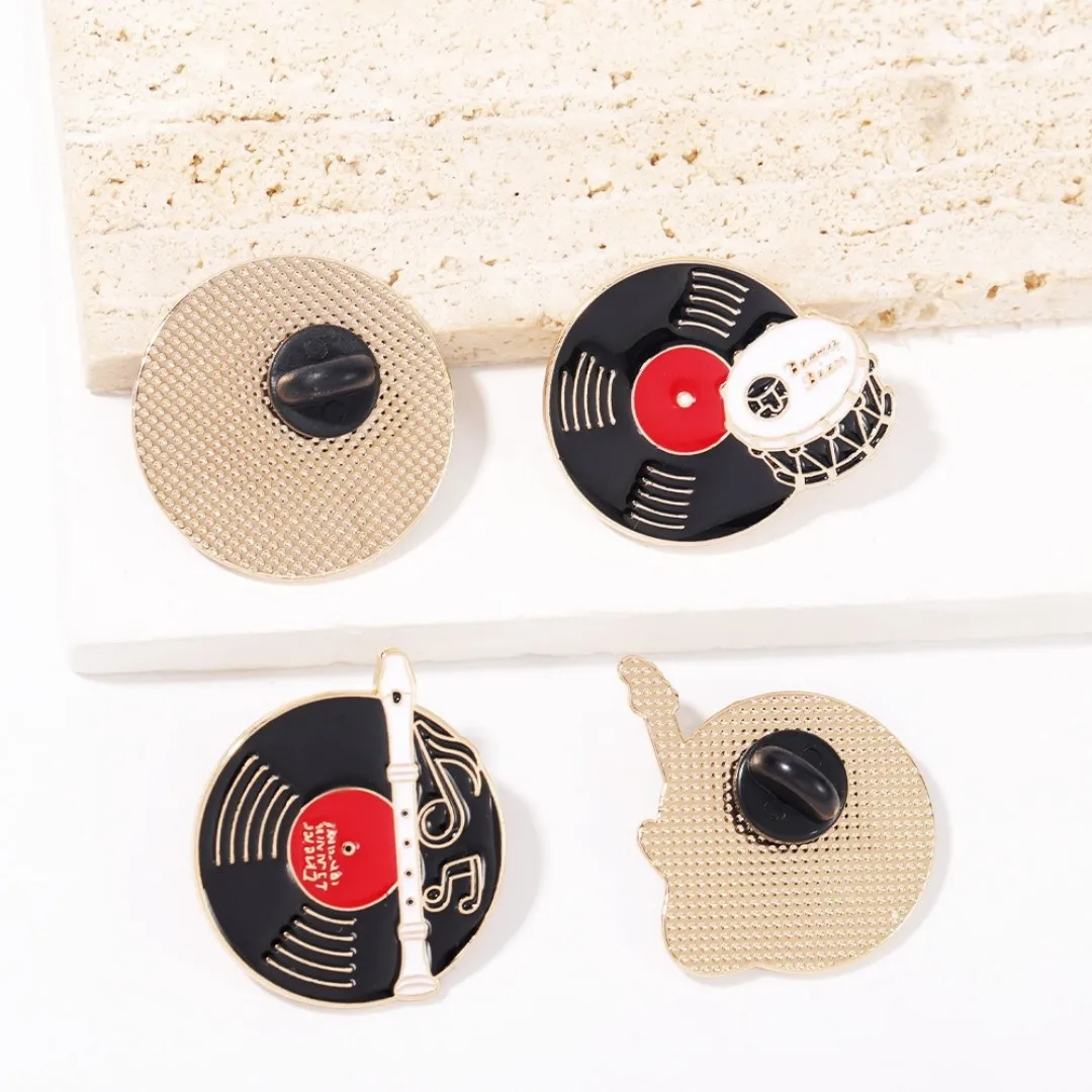 Record Music Enamel Pins Retro Vinyl Electric Flute Drum Guitar Musical Badge Clothing Decorate Brooch Gift Custom Wholesale view 6