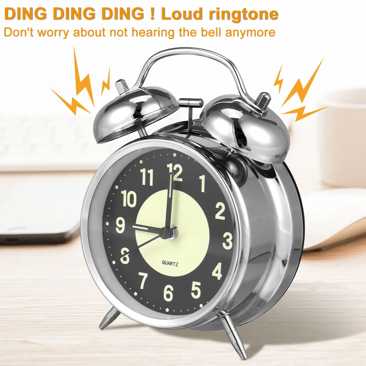 4 Inch Super Loud Alarm Clock for Heavy Sleepers Metal Retro Twin Bell with Backlight Quartz Analog Clock for Bedroom Bedsides