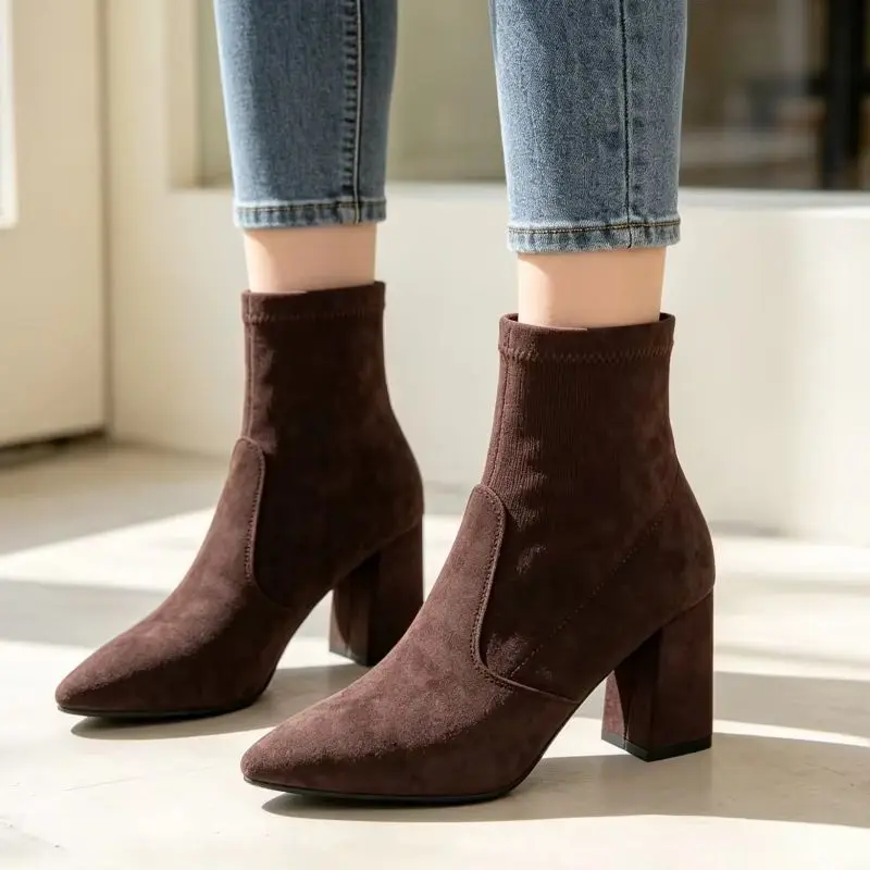 Women Stretch Ankle Boots Pointed Toe Block Heel Sock Booties Ladies Autumn Winter Elastic Slim Fit High Heels Boots 4 Colors A