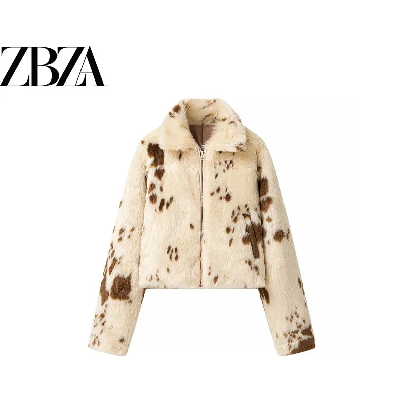 Fashionable Long Sleeve Collared Animal Print Faux Fur Jacket Women's Short Outerwear Polyester Standard Fit Zipper Closure