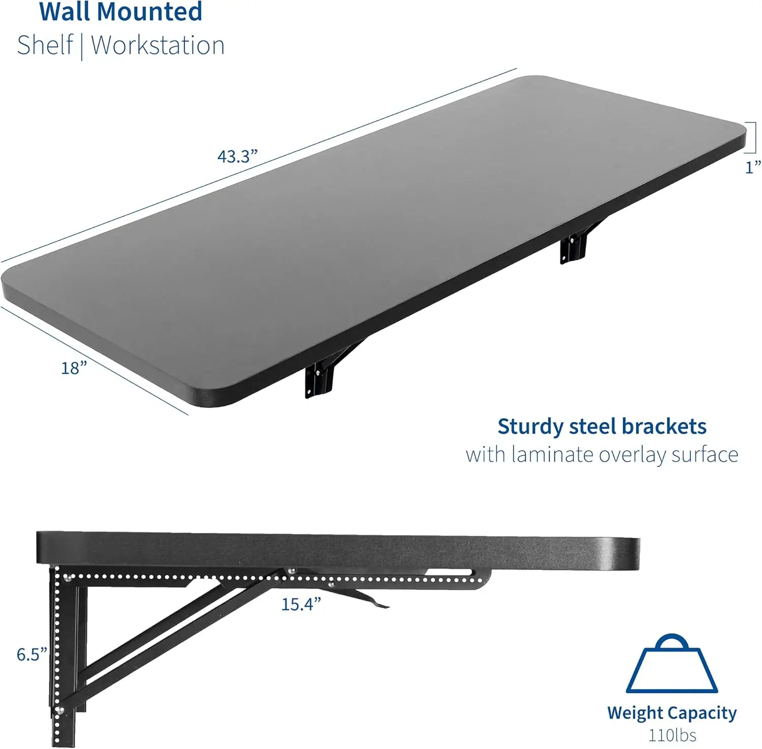 Wall Mounted Folding 43 inch Workbench, Fold Away Table Workstation Shelf with Adjustable Steel Brackets, Black, MOUNT-SF1FB