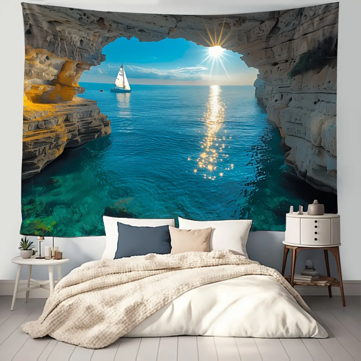 2D Plano, Banner 2D Plano, 1 Pieza Tapiz Bohemio con Vista al Océano - Colgante de Pared de Mar Iluminado por el Sol y Velero, T