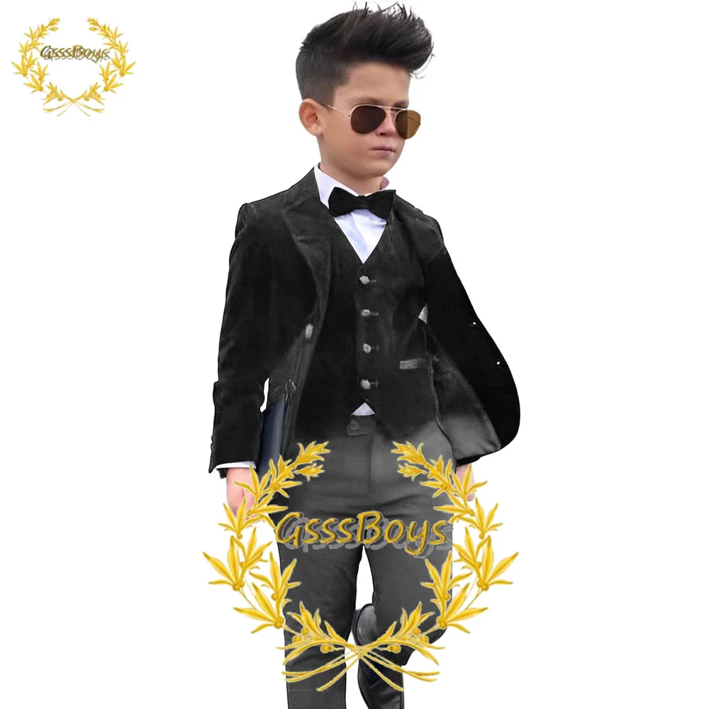 Boys Velvet Suit 3 Piece Formal Jacket Pants Vest Business Style Kids Blazer Party Pants Set costume enfant garçon