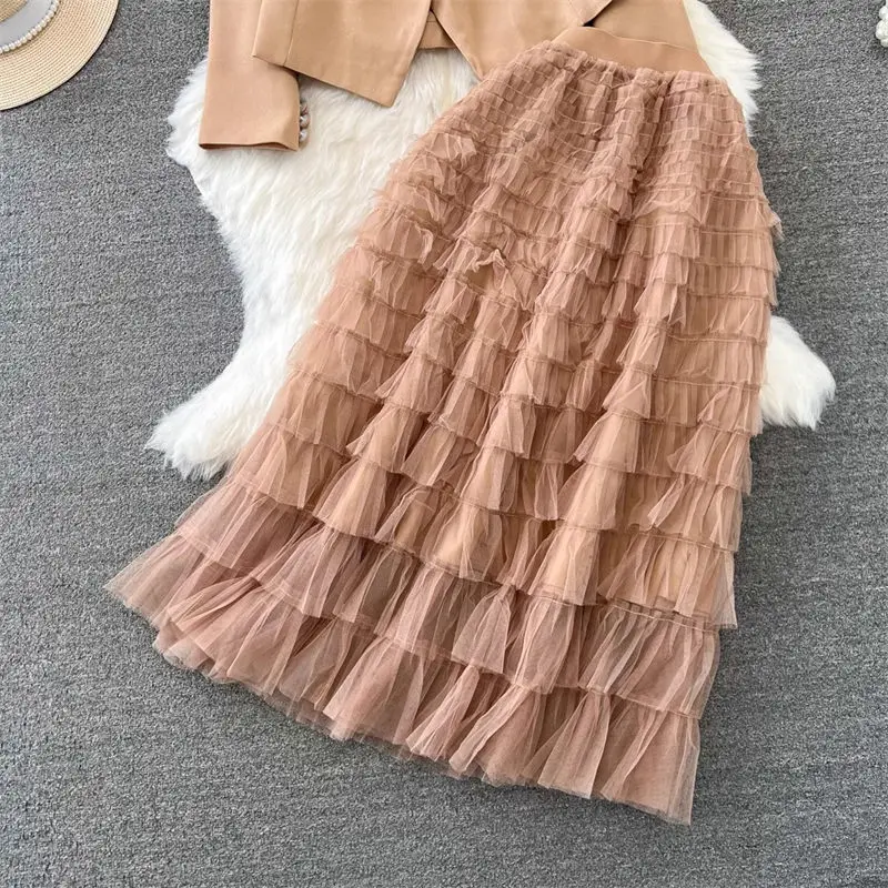 Fashion Set Celebrity Temperament Blazer Suit Coat Two Piece High Waist Slim A-Line Mesh Cake Skirt Fashion Elegant Outfit Z3778