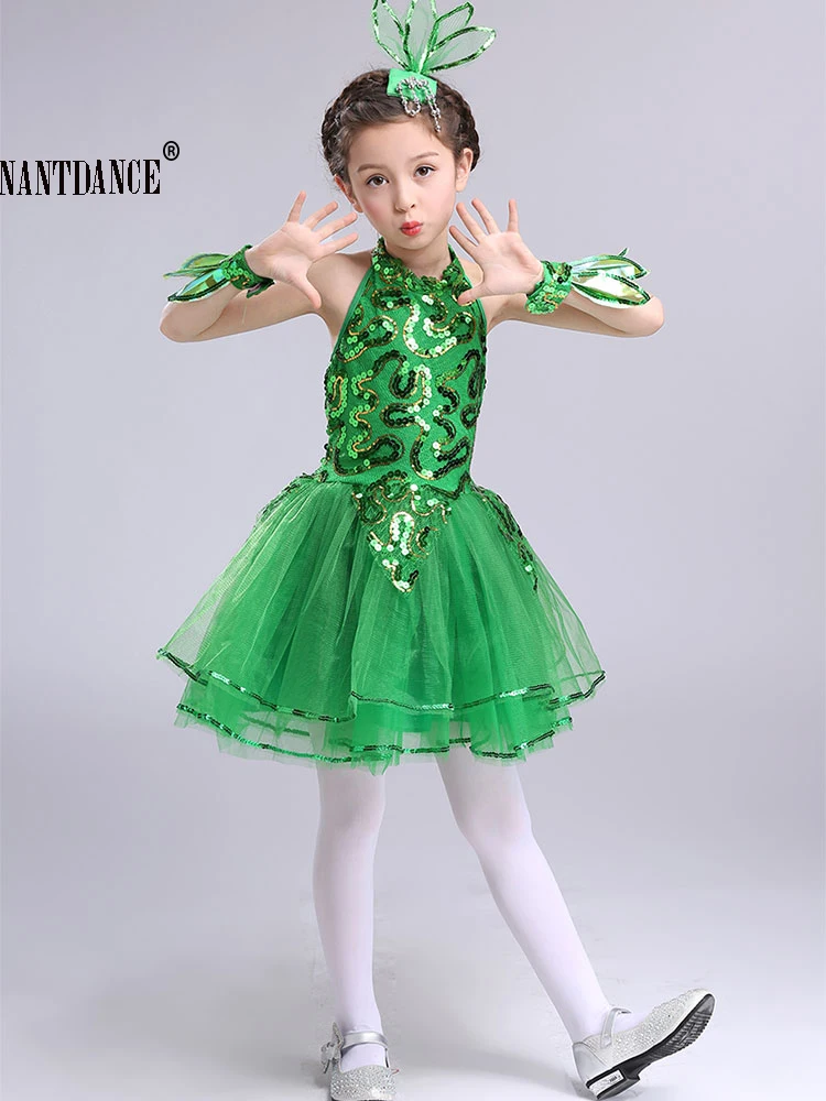 Bambini Latin Grass Performance abbigliamento verde Puffy Princess Dress Girls Stage Dancewear Suit Modern Dance Ballet Dress