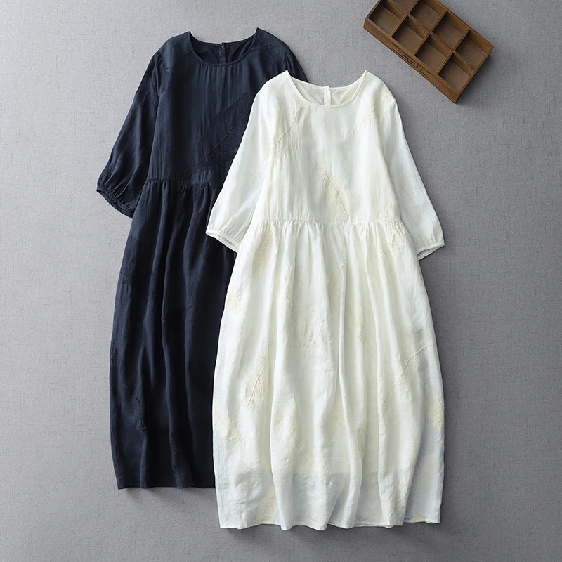 

Ele Pure Color Summer Embroidered Heavy Work Feather Cotton Blend A-Line Dr Casual Commute Sle Five-Quarter Sve