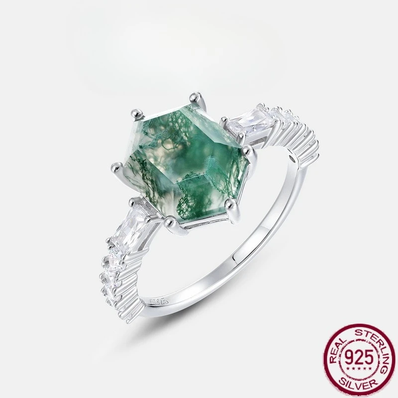 

New S925 Pure Silver Unique Geometric Natural Water Grass Agate Stone Green Moss Fashion Ring Wedding Jewelry