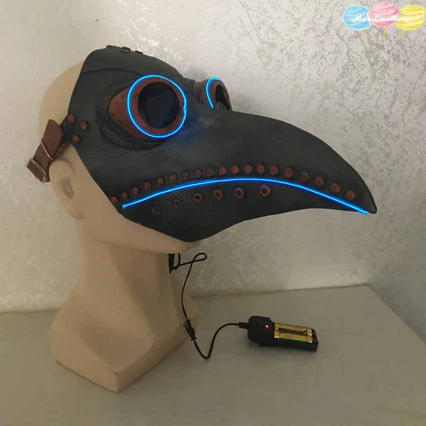 LED Plague Doctor Mask Latex Gothic Halloween Cosplay Funny Medieval Steampunk LED Flash Carnival Masquerade Festival Party Mask