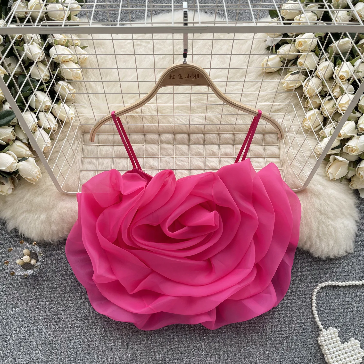 M538 Fashion Clothes Sweet Memory 3D Effect 2025 Organza Three-dimensional Flower Tank Tops Women's Summer Short Top