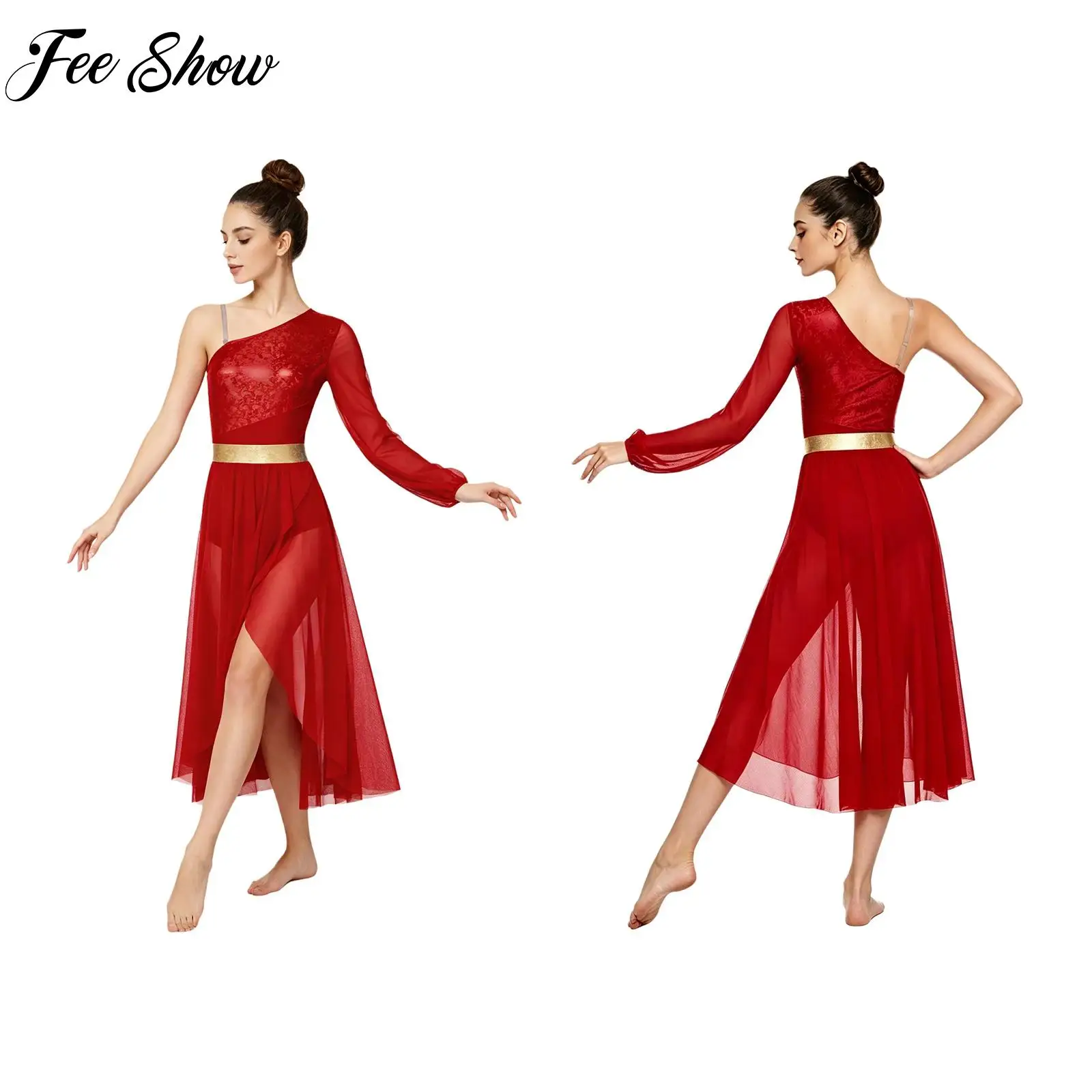 

Women Dance Bodysuit Dress One Shoulder Long Sleeve Metallic Shiny Bodice Irregular Mesh Hem Built-in Briefs Lyrical Dancewear