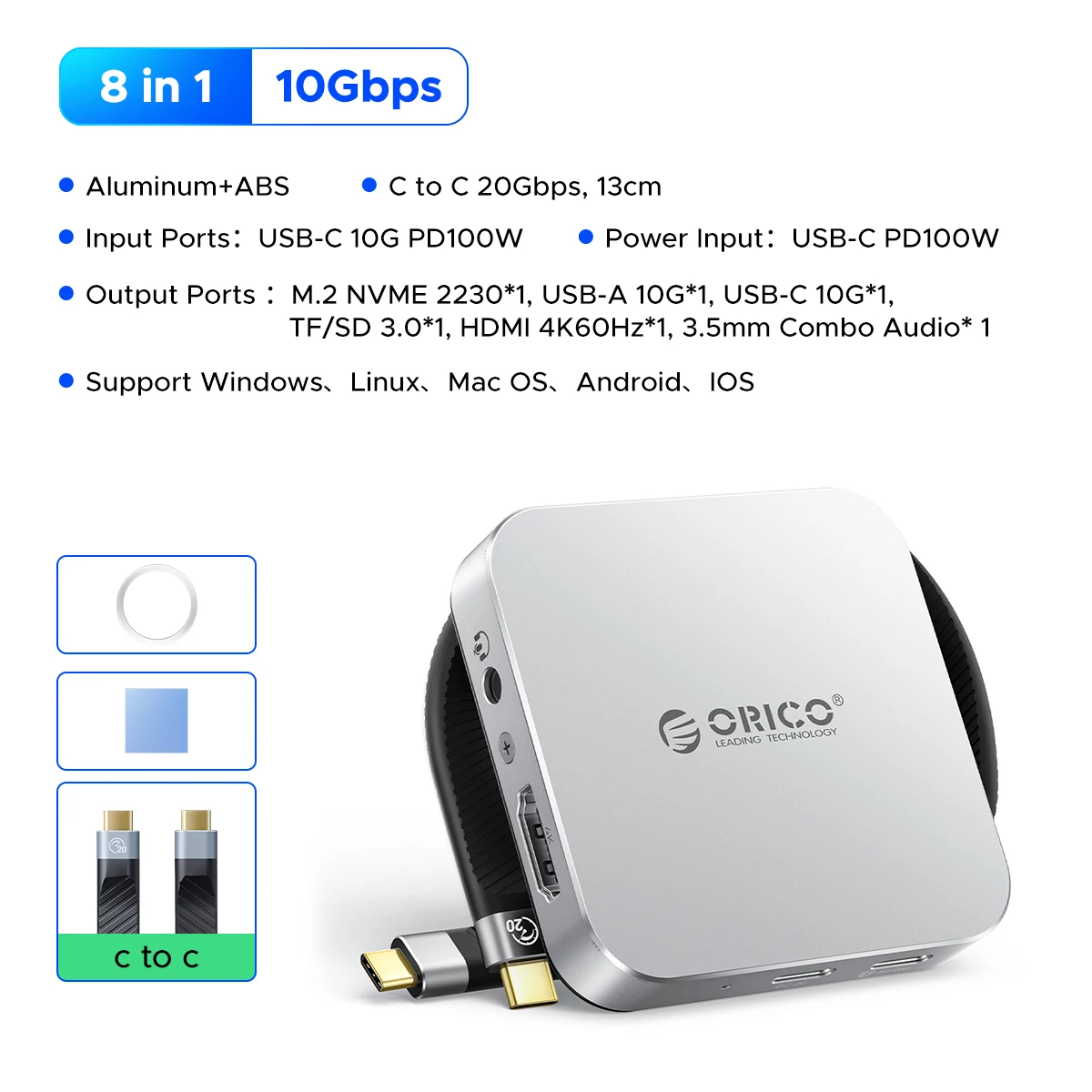 ORICO Magnetische M.2 2230 NVMe SSD-behuizing 10 Gbps USB C-dockingstation met 4K60 Hz HDMI-COM SD/TF PD 100 W oplader voor iPhone 17
